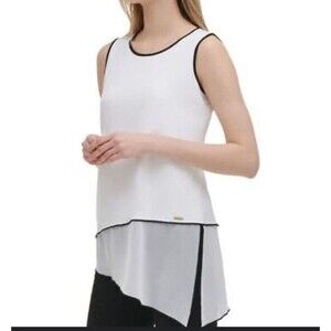Calvin Klein NWT Assymetrical White Black Sleeveless Chiffon Blouse Size Medium